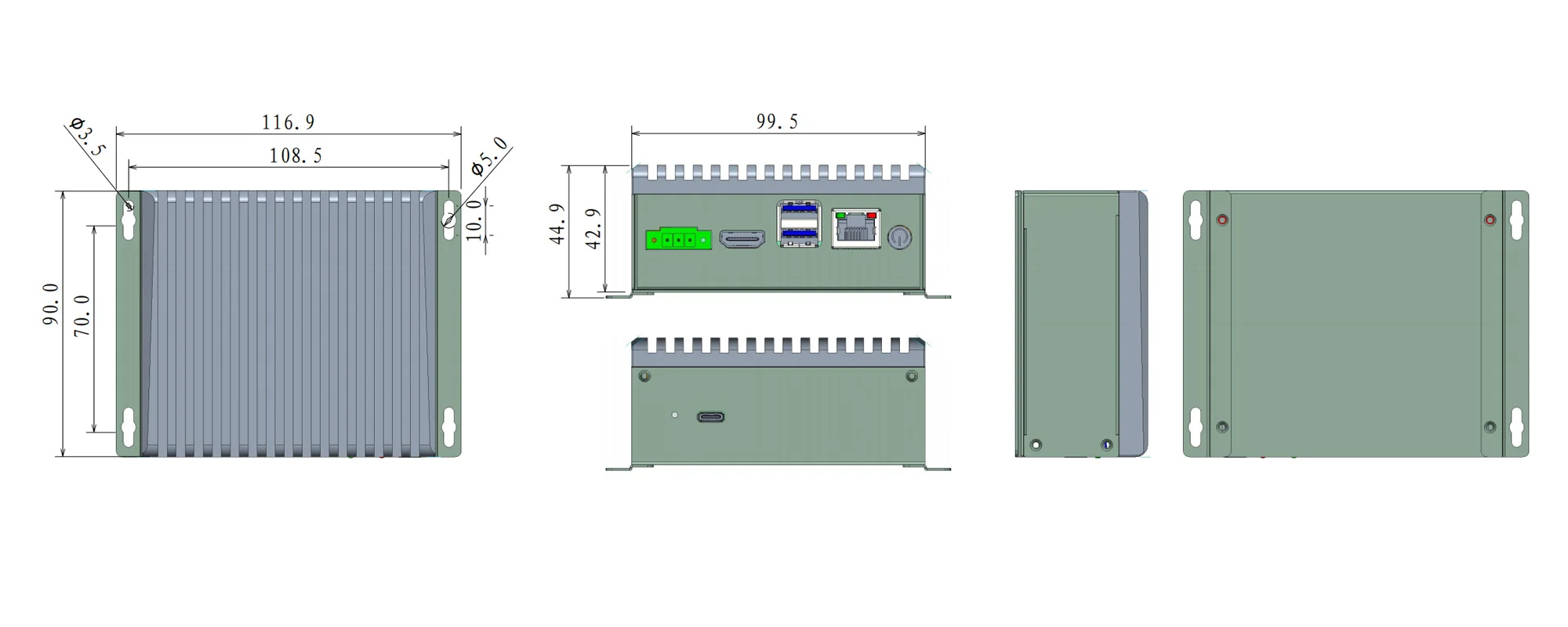 EA-N100A Edge AI Computer — Three-View Dimensions (mm) — CESIPC