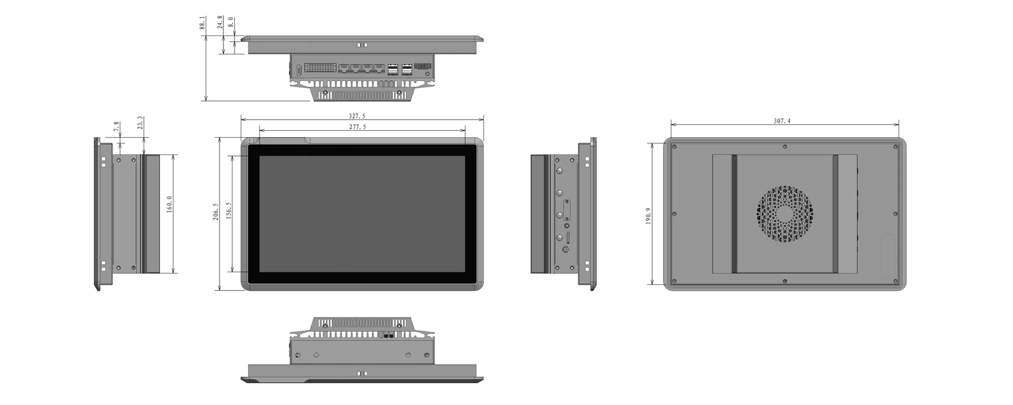 EA-W12-N200 AI Widescreen Panel PC (16:9) - Three-View Dimensions (mm)