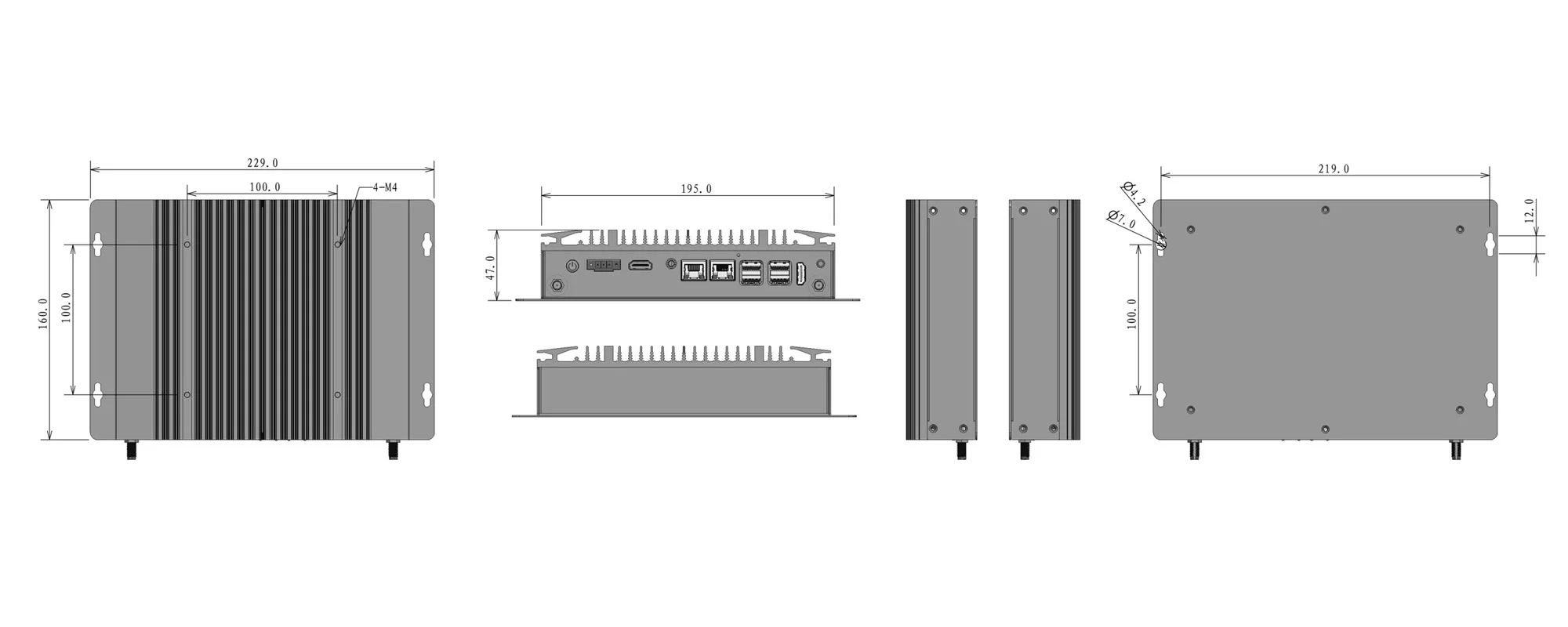EPC-102O embedded industrial computer - three-view dimensions (mm)