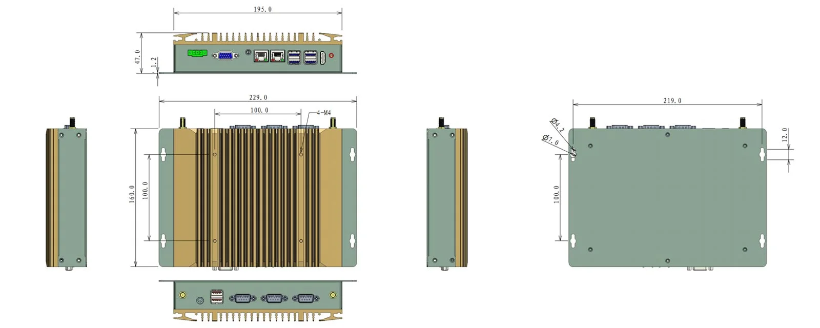 EPC-106A embedded industrial computer - three-view dimensions (mm)