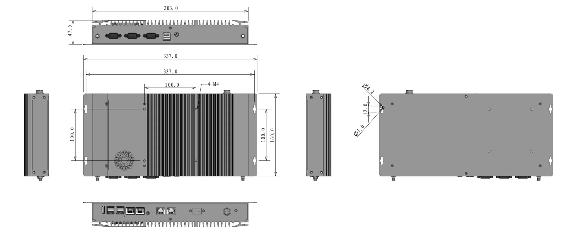 EPC-302B embedded industrial computer - three-view dimensions (mm)