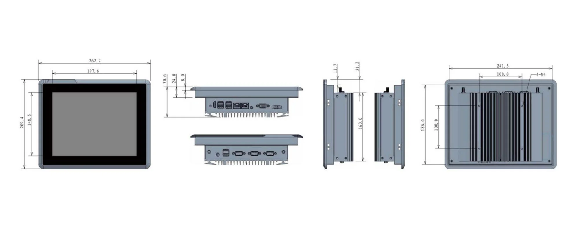 EPC-S1022A industrial touch panel PC - three-view dimension drawing (mm)