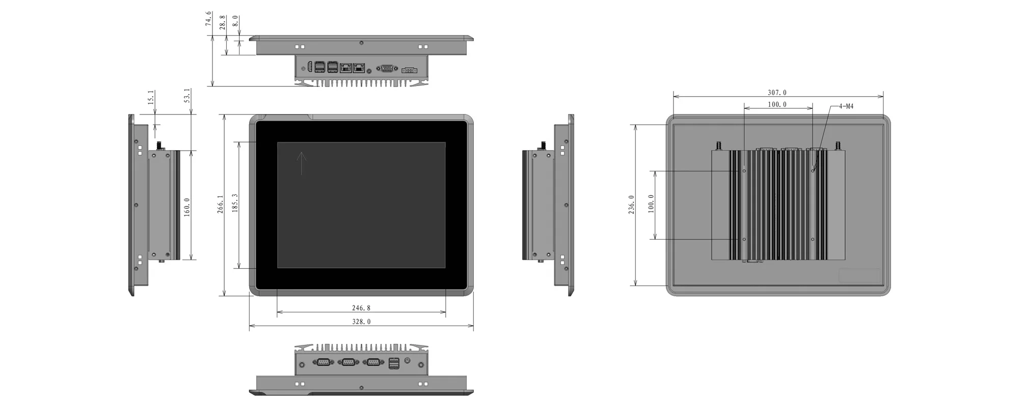 EPC-S1221O-SR embedded industrial panel PC (standard screen) - three-view dimension drawing (mm)