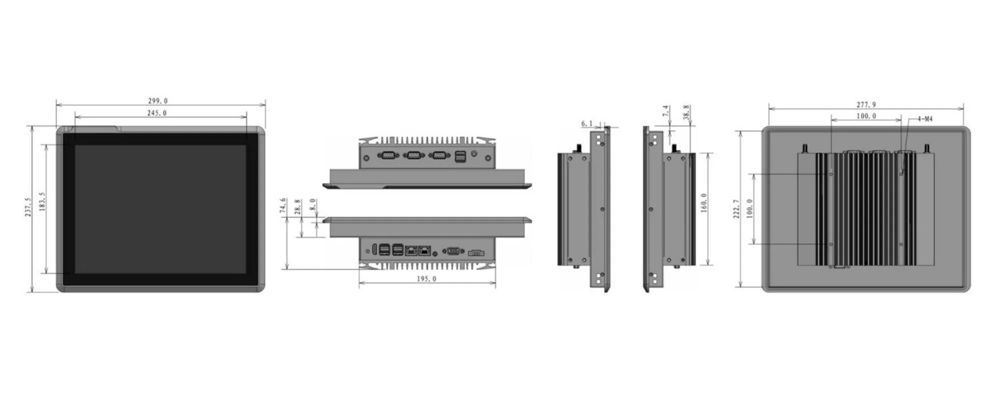 EPC-S1292A industrial touch panel PC - three-view dimension drawing (mm)