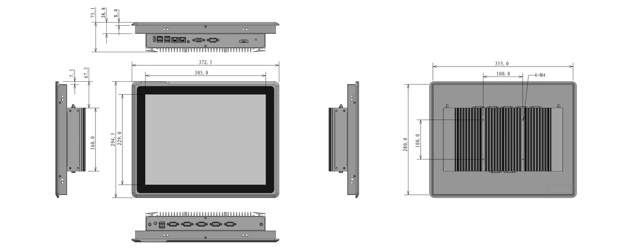 EPC-S1521O-SR embedded industrial panel PC (standard screen) - three-view dimension drawing (mm)