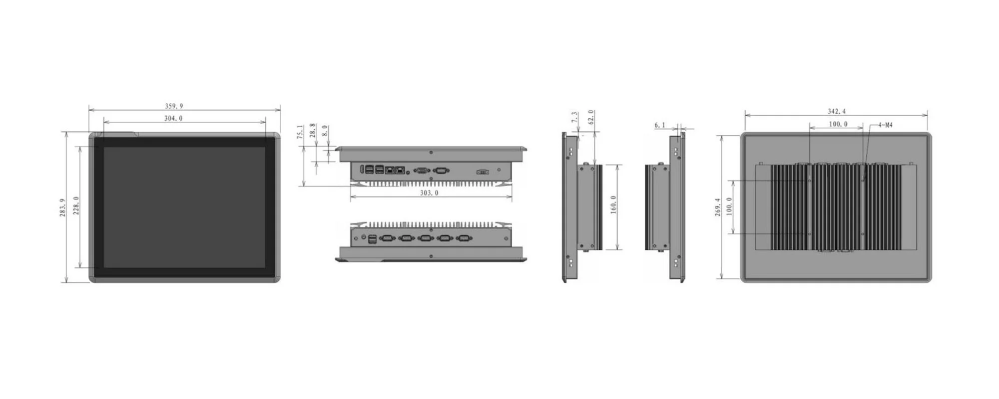 EPC-S1572A industrial panel PC - three-view dimensional drawing (mm)