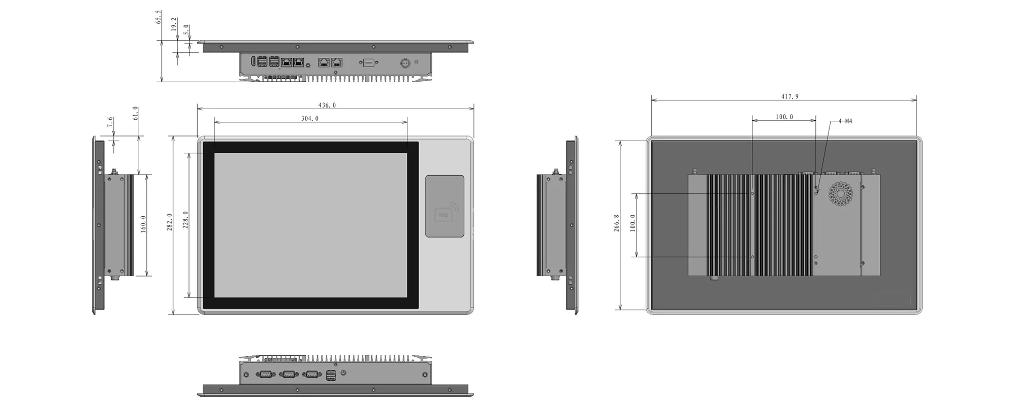 EPC-S1592O-RFID embedded industrial panel PC (standard screen) - three-view dimensional drawing (mm)