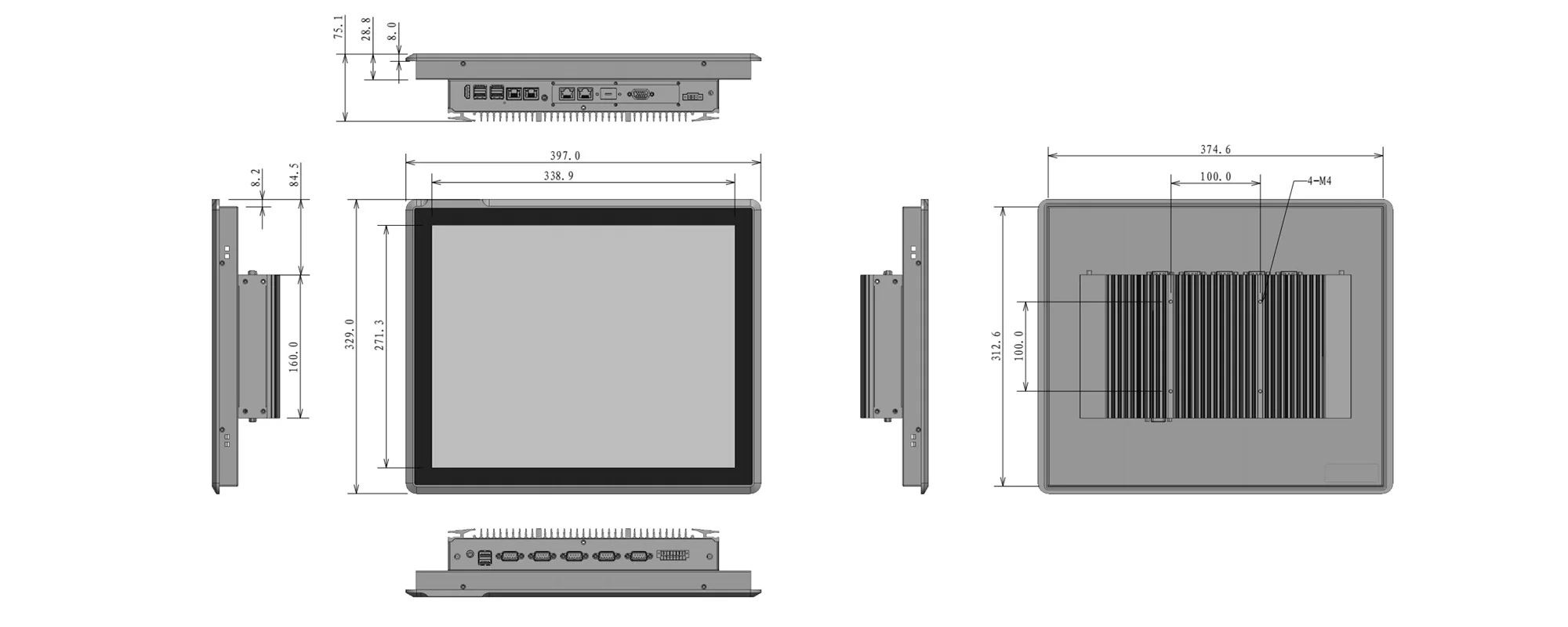EPC-S1722E embedded industrial panel PC (standard screen) - three-view dimensional drawing (mm)