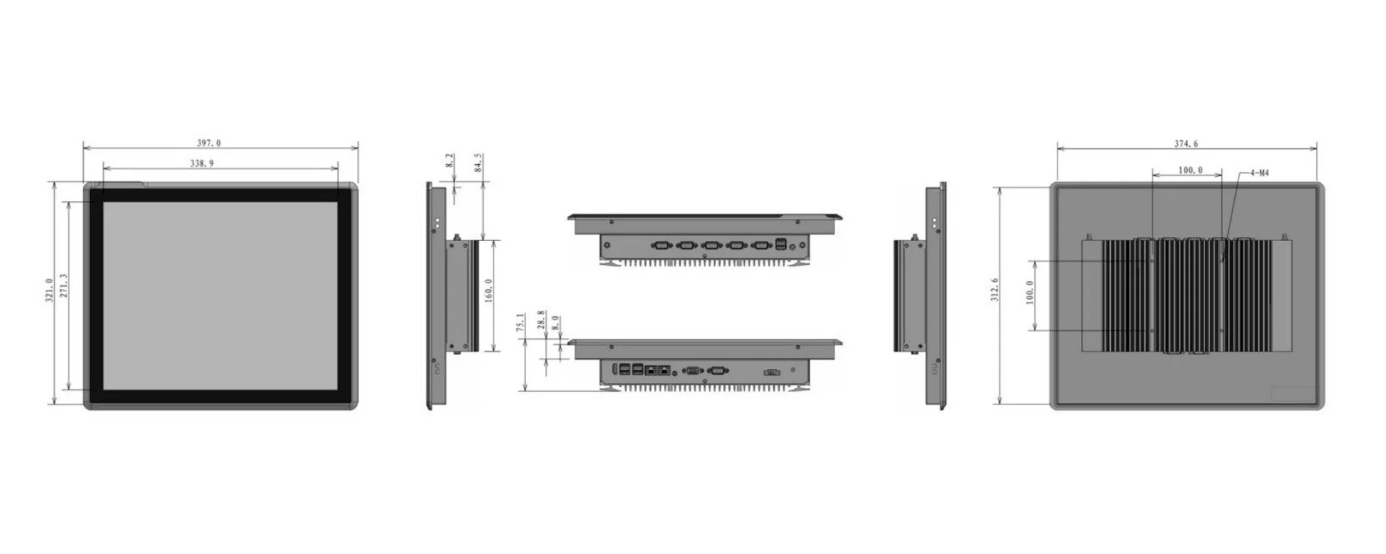 EPC-S1972A industrial touch panel PC - three-view dimensions (mm)