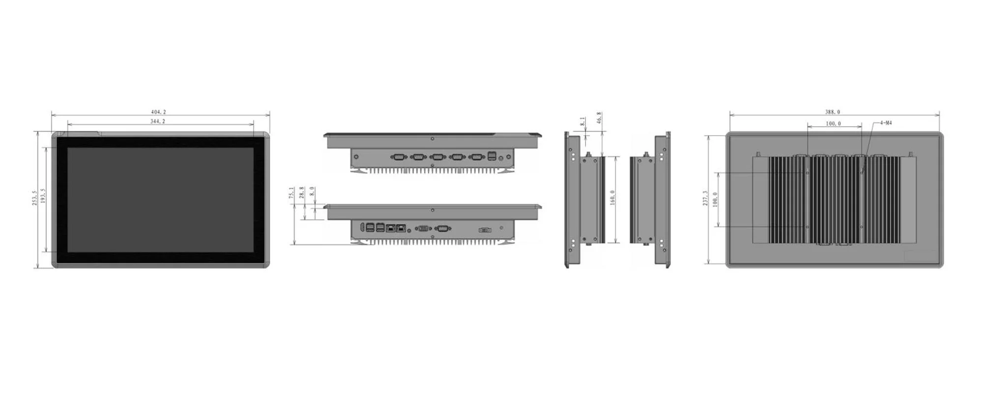 EPC-W1562A industrial panel PC - dimensional drawing (mm)