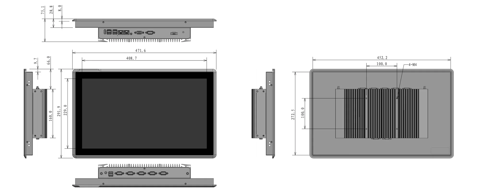 EPC-W1892A industrial panel PC - dimensional drawing (mm)