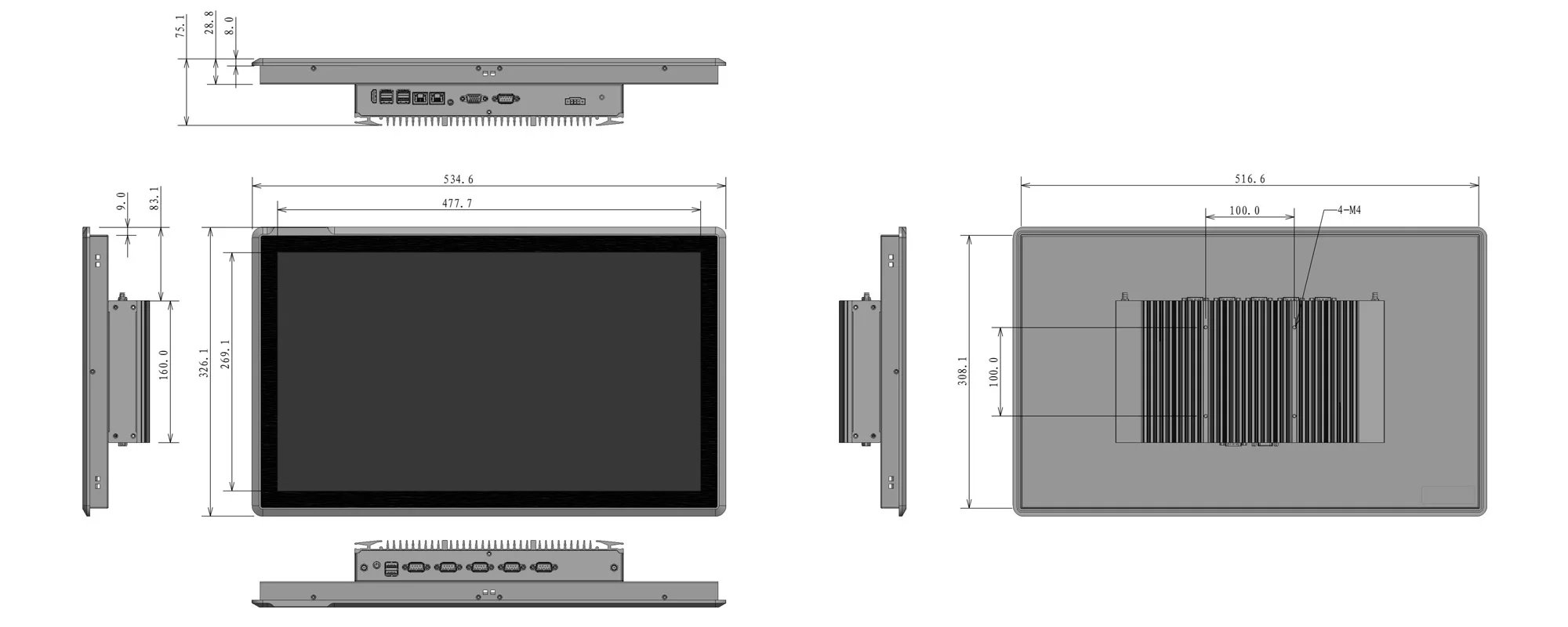 EPC-W2172A industrial panel PC - dimensional drawing (mm)