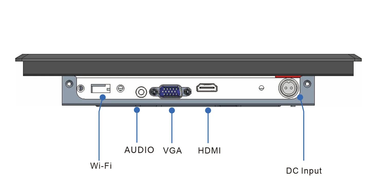 FPM-S1002A industrial monitor (standard screen) - front panel I/O layout