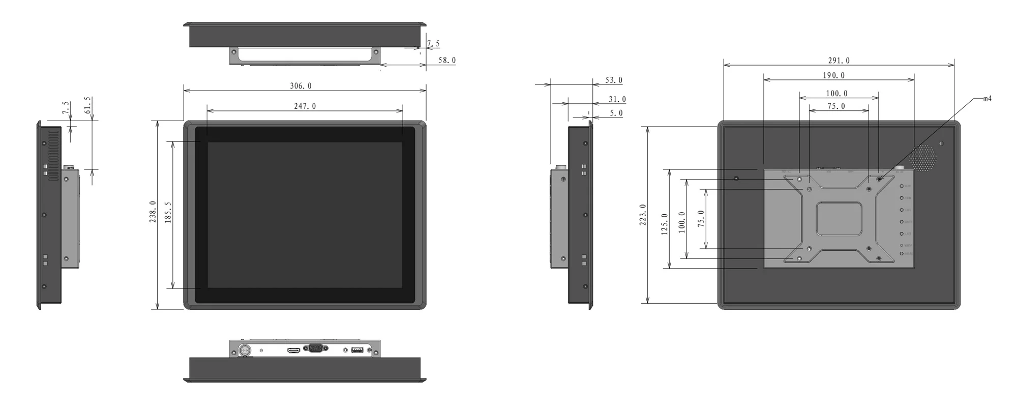 FPM-S1202A industrial monitor (standard screen) - dimensional drawing (mm)