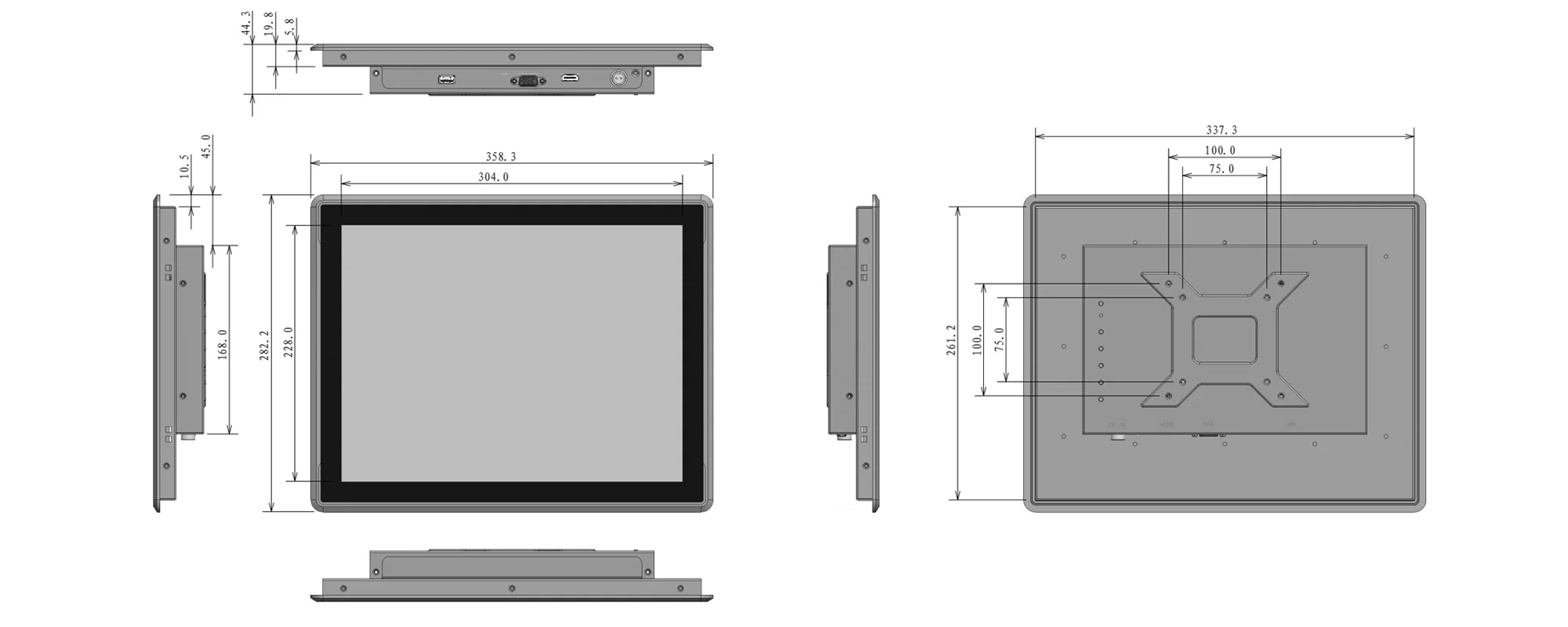 FPM-S1502A industrial monitor (standard screen) - dimensional drawing (mm)