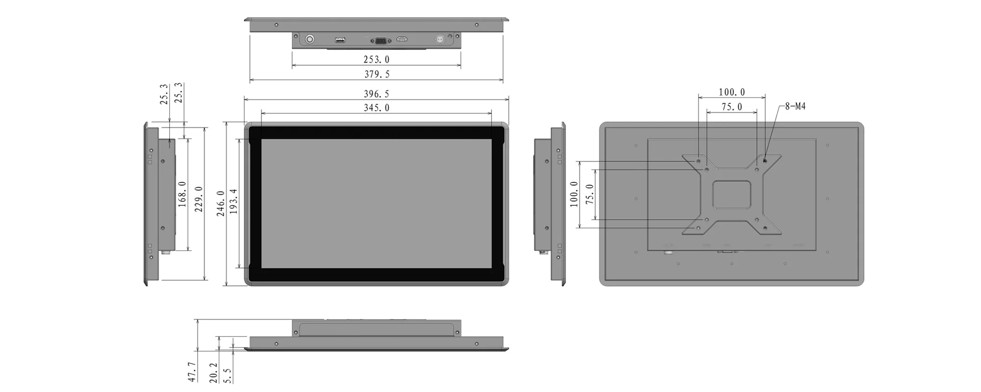 FPM-W1502A industrial monitor (widescreen) - dimensional drawing (mm)