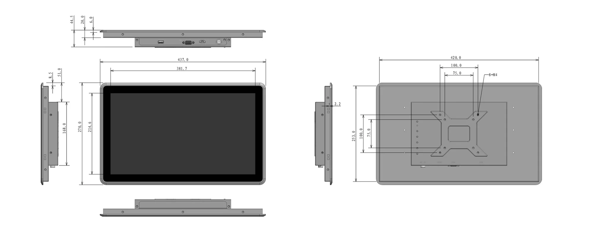 FPM-W1702A industrial monitor (widescreen) - dimensional drawing (mm)