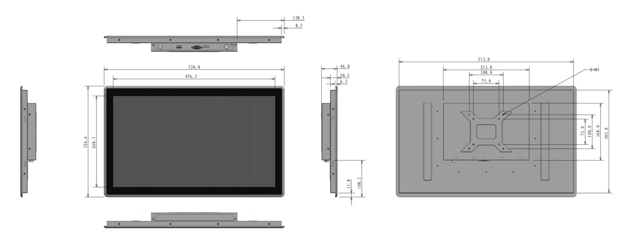 FPM-W2102A industrial monitor (widescreen) - dimensional drawing (mm)