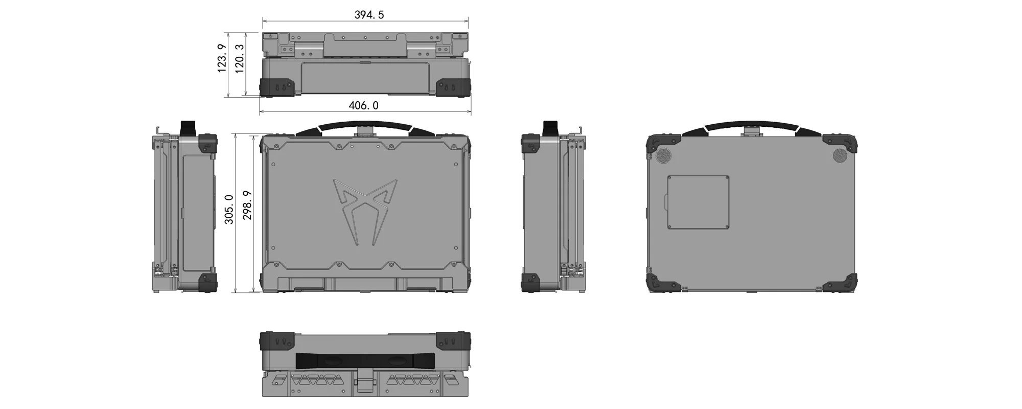 MPC-AS-W150-T3-A triple-screen rugged portable workstation - three-view dimensional drawing (mm)