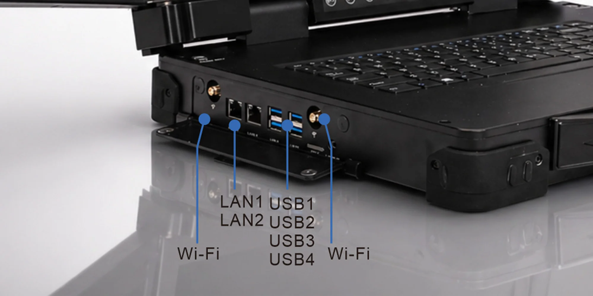 MPC-AS-W150-T3-A triple-screen rugged portable workstation - front panel I/O layout