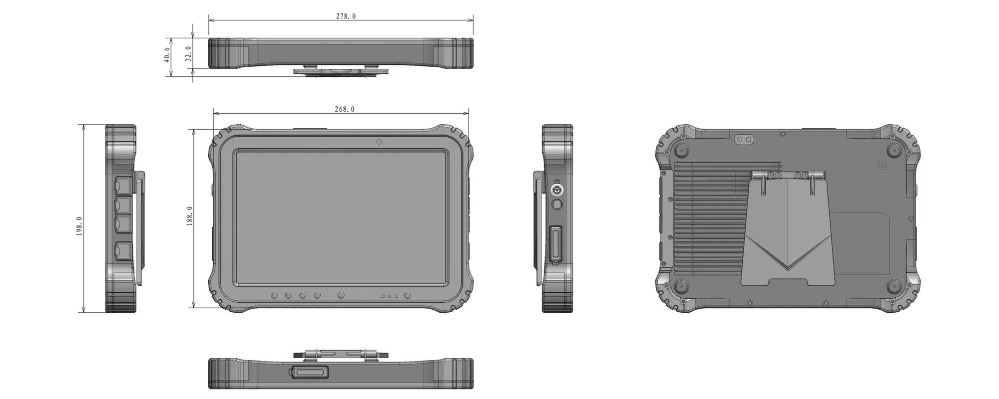 TPC-1042B rugged handheld field terminal - three-view dimensional drawing (mm)