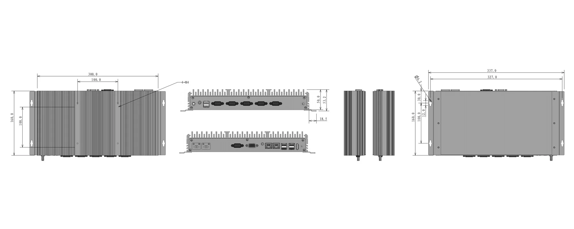 UPC-309R universal box industrial PC - three-view dimensions (mm)
