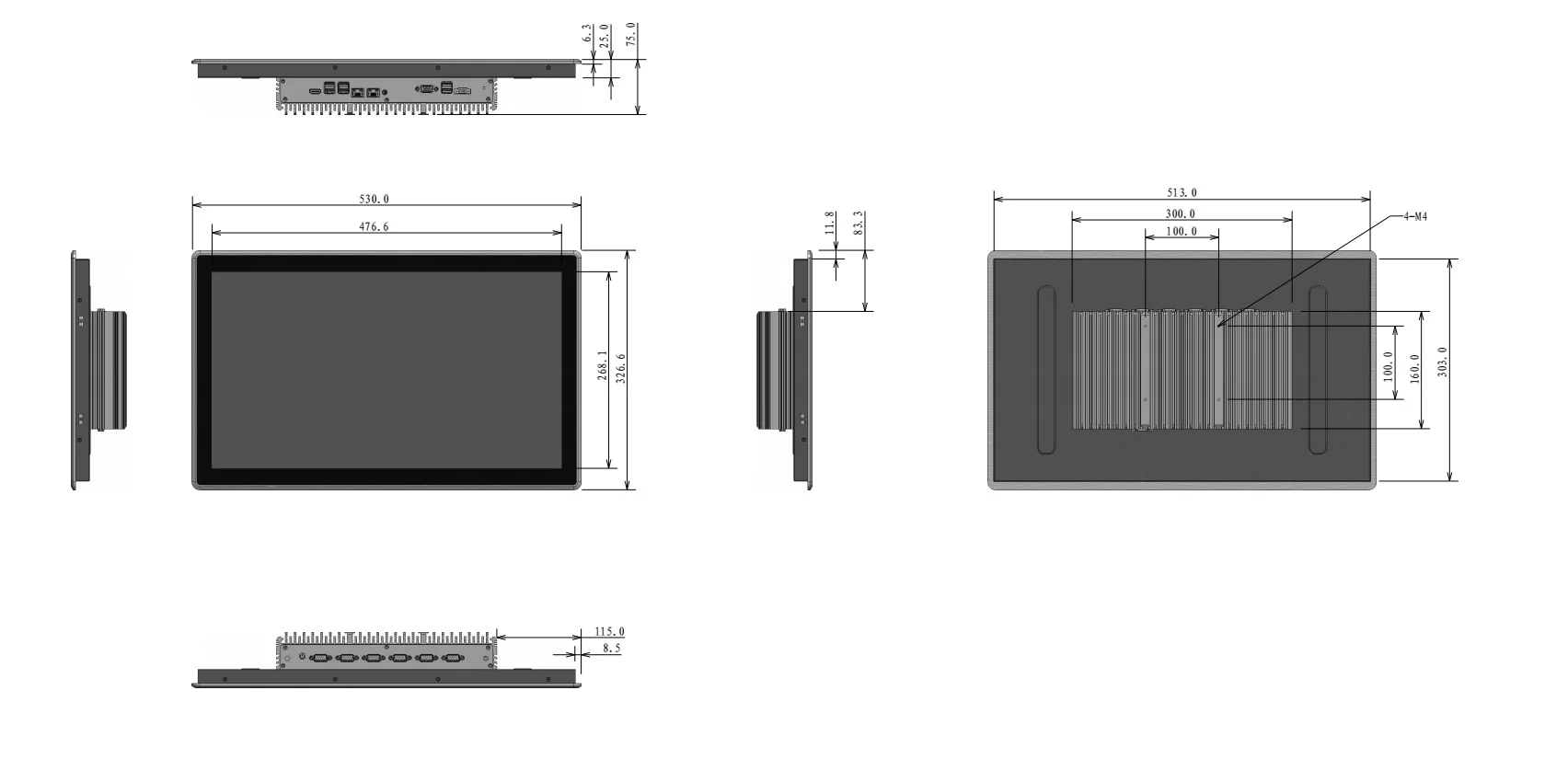 UTC-W2182A industrial panel PC (widescreen) - dimensional drawing (mm)