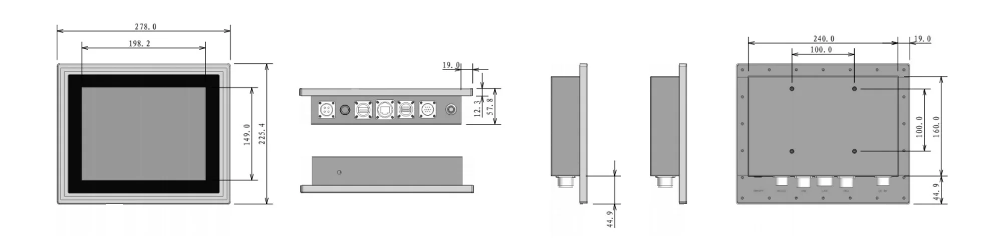 WPC-S1072A-G fully sealed high-protection panel PC (G-grade / IP69K) - three-view dimensions (mm)