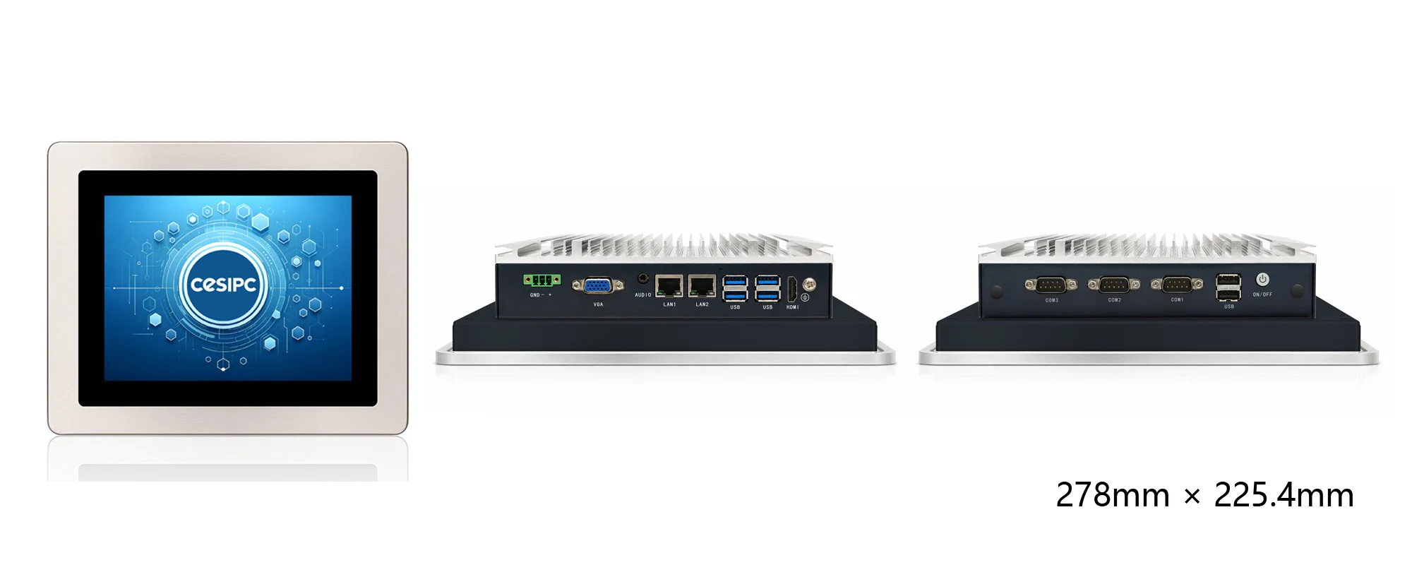 WPC-S1072A-S embedded hygienic panel PC (S-grade / IP69K front panel) - three-view dimensions (mm)