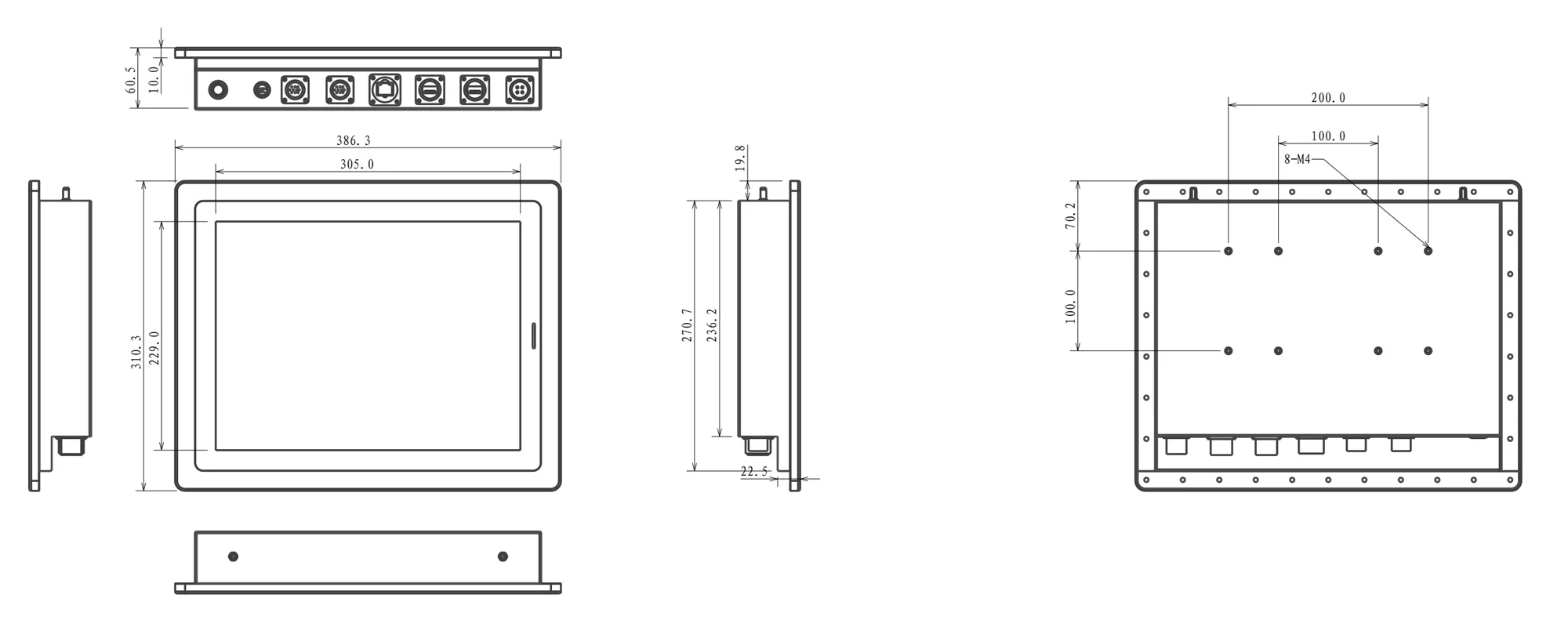 WPC-S1562A-G fully sealed high-protection panel PC (G-grade / IP69K) - three-view dimensions (mm)