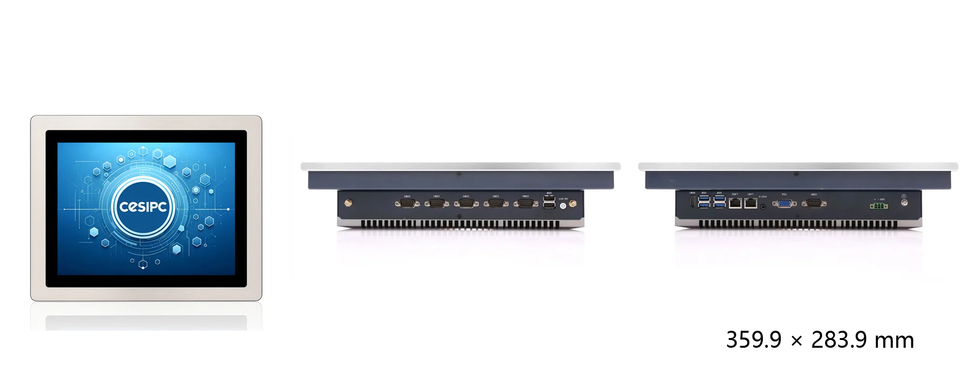 WPC-S1562A-S embedded hygienic panel PC (S-grade / IP69K front panel) - three-view dimensions (mm)
