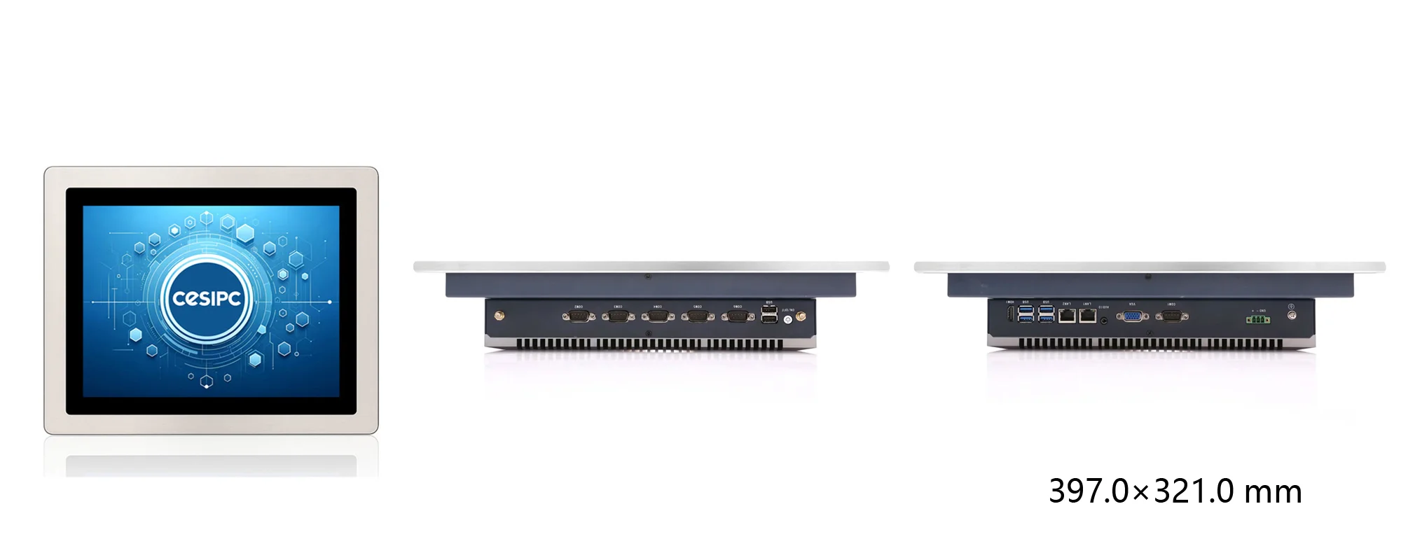 WPC-S1972A-S embedded hygienic panel PC (S-grade / IP69K front panel) - three-view dimensions (mm)