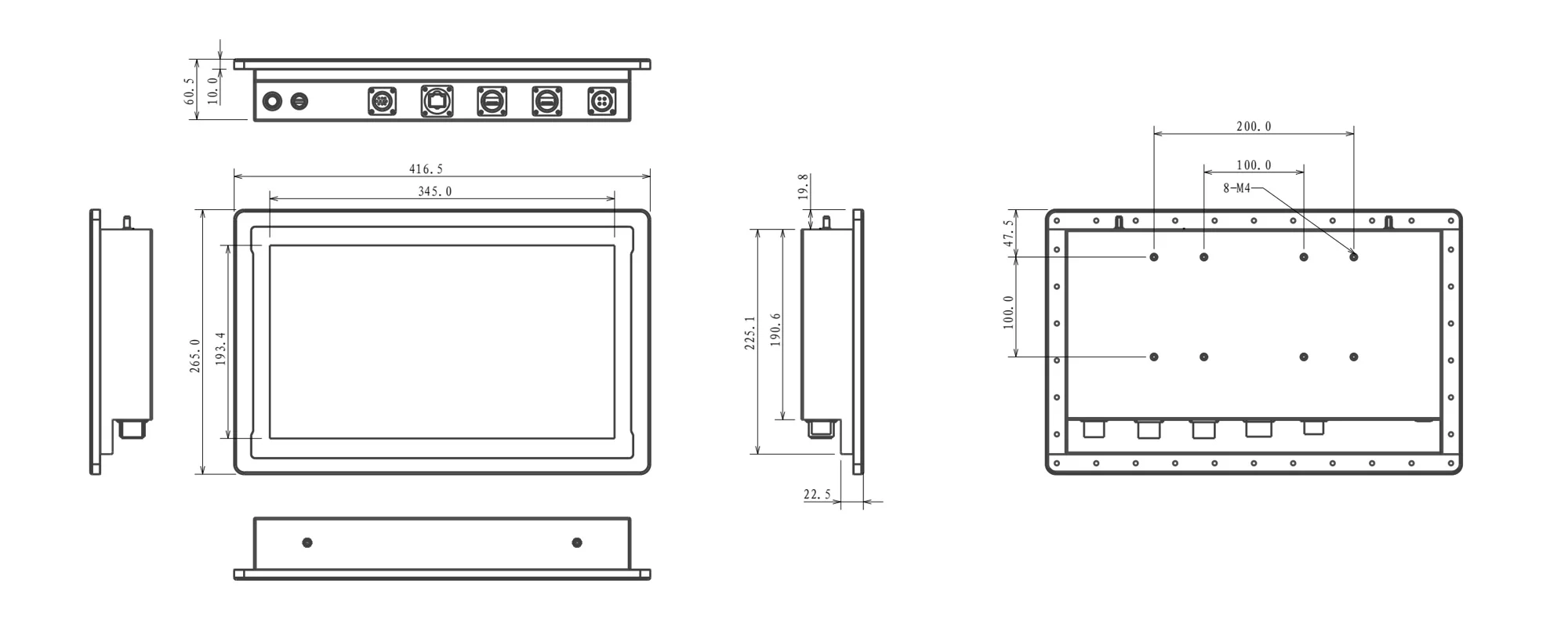 WPC-W1562A-G fully enclosed high-protection panel PC (G grade / IP69K) - three-view dimension drawing (mm)