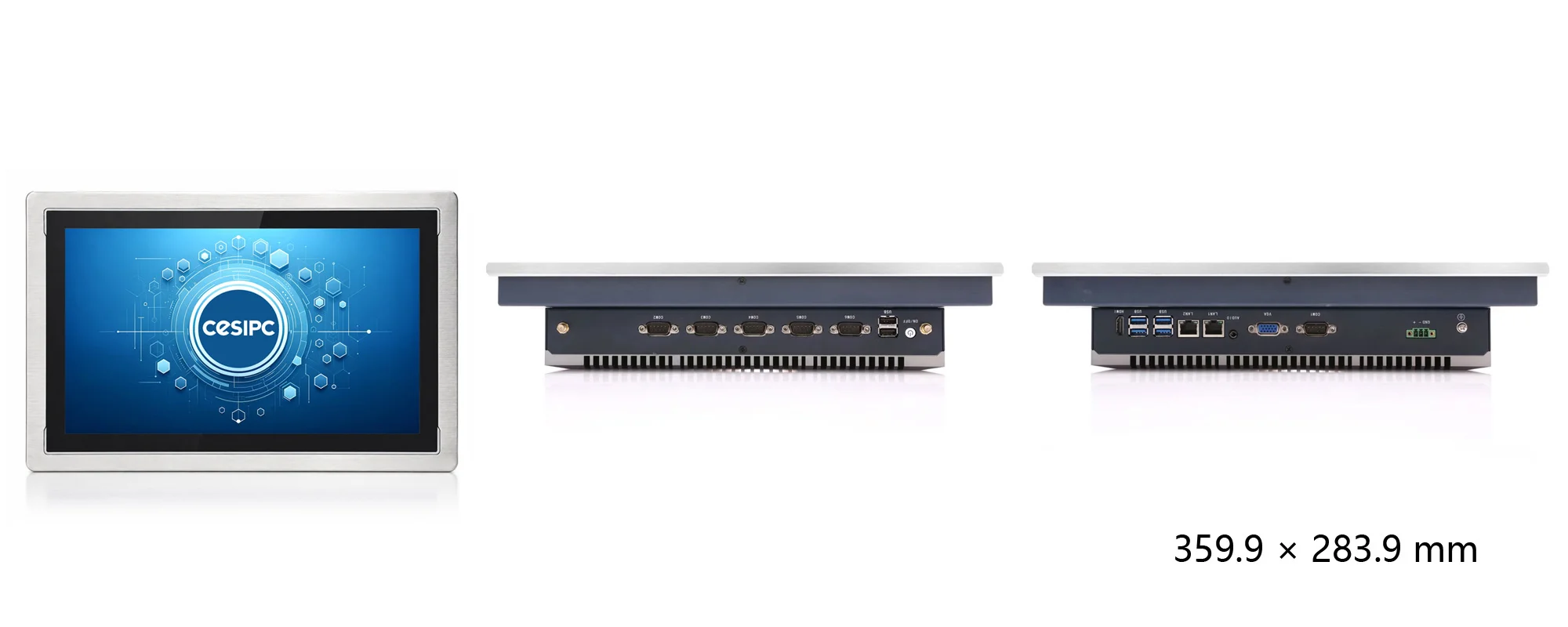 WPC-W1572A-S widescreen embedded hygienic panel PC (S grade / IP69K front panel) - three-view dimension drawing (mm)