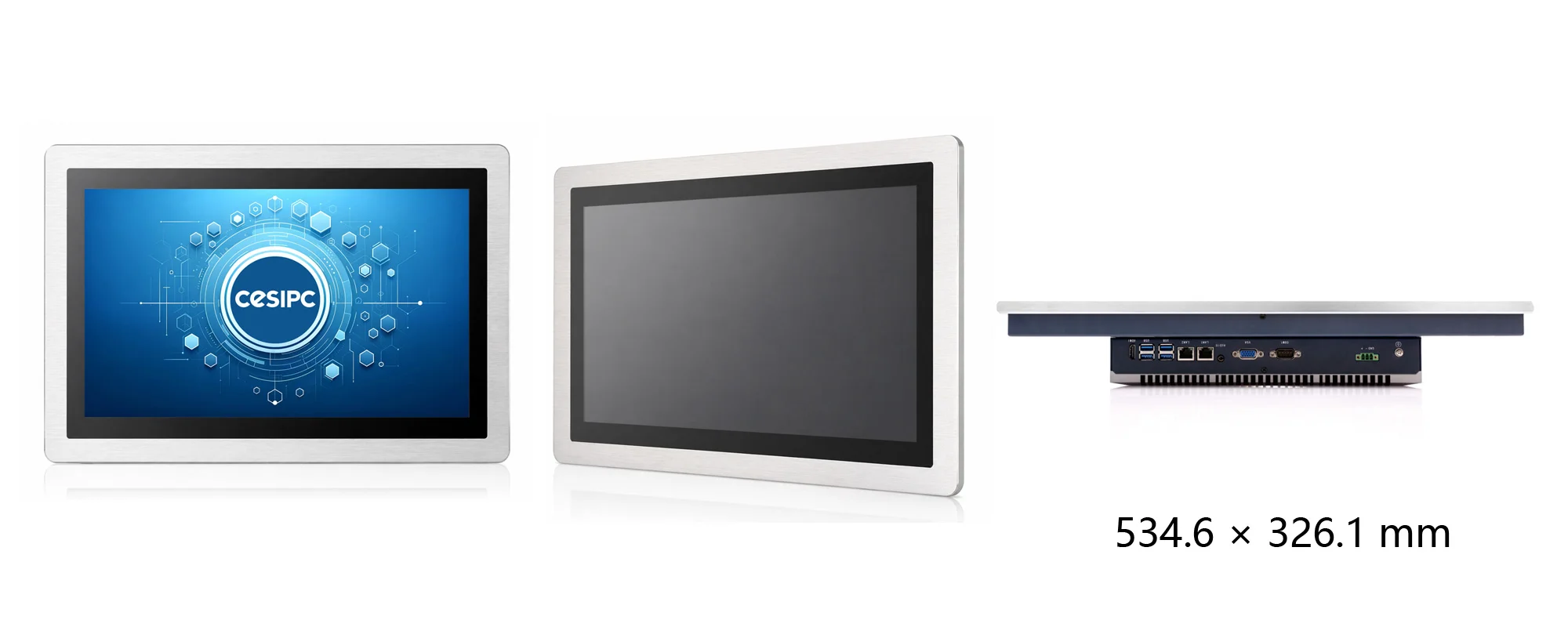 WPC-W2122A-S widescreen embedded hygienic panel PC (S grade / IP69K front panel) - three-view dimension drawing (mm)