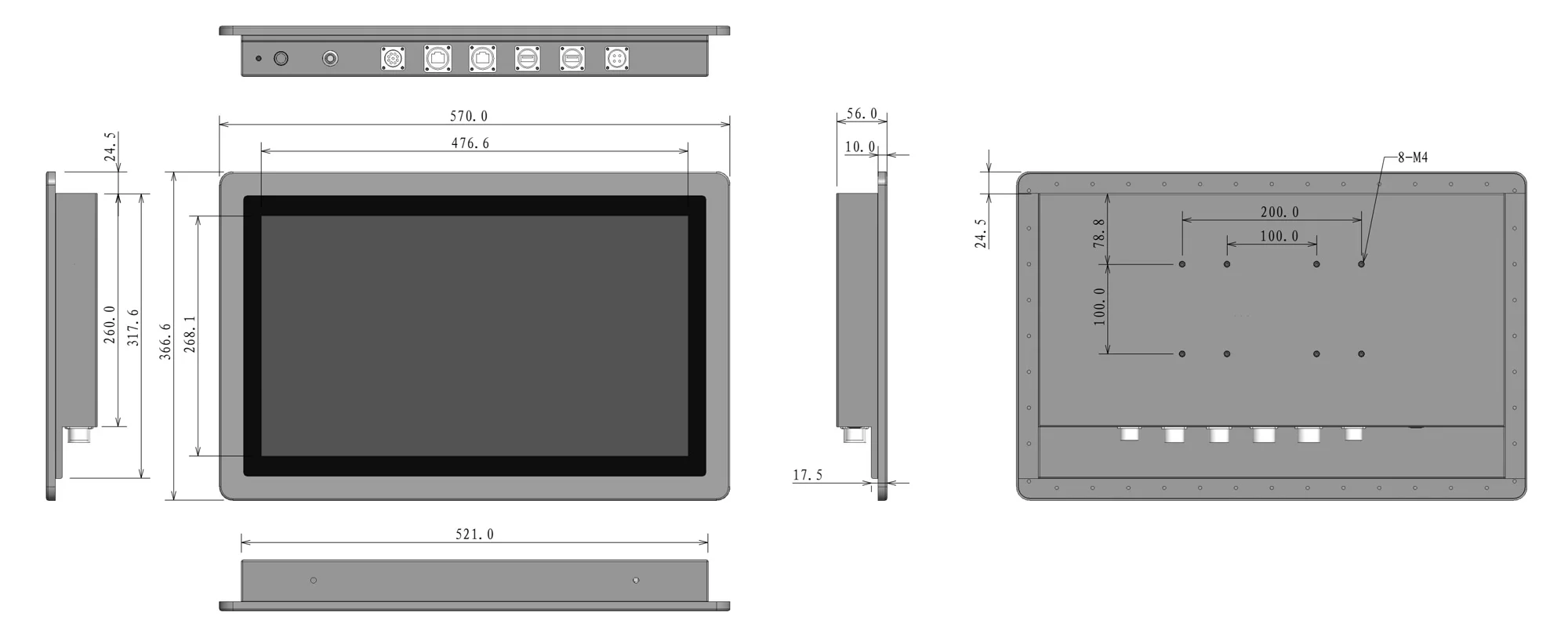 WPC-W2192A-G widescreen fully enclosed waterproof panel PC (G grade / IP69K) - three-view dimension drawing (mm)